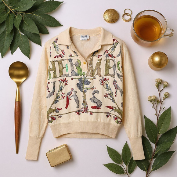 Vintage Hermes Alphabet Polo Top Beige Print Silk Scarf Knit Annie Faivre Small - Picture 1 of 16